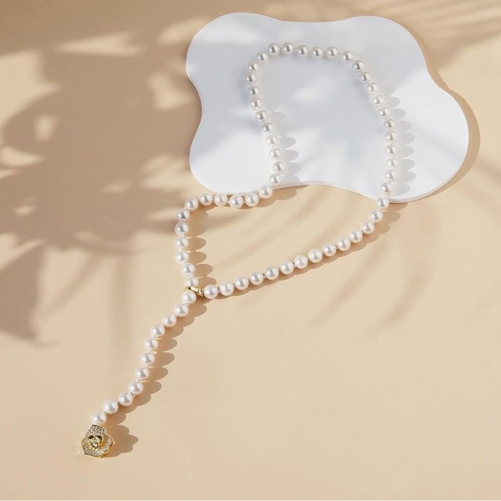 Simulated Shell Pearl Layered Necklace Gold Camellia Flower Accent adjustable